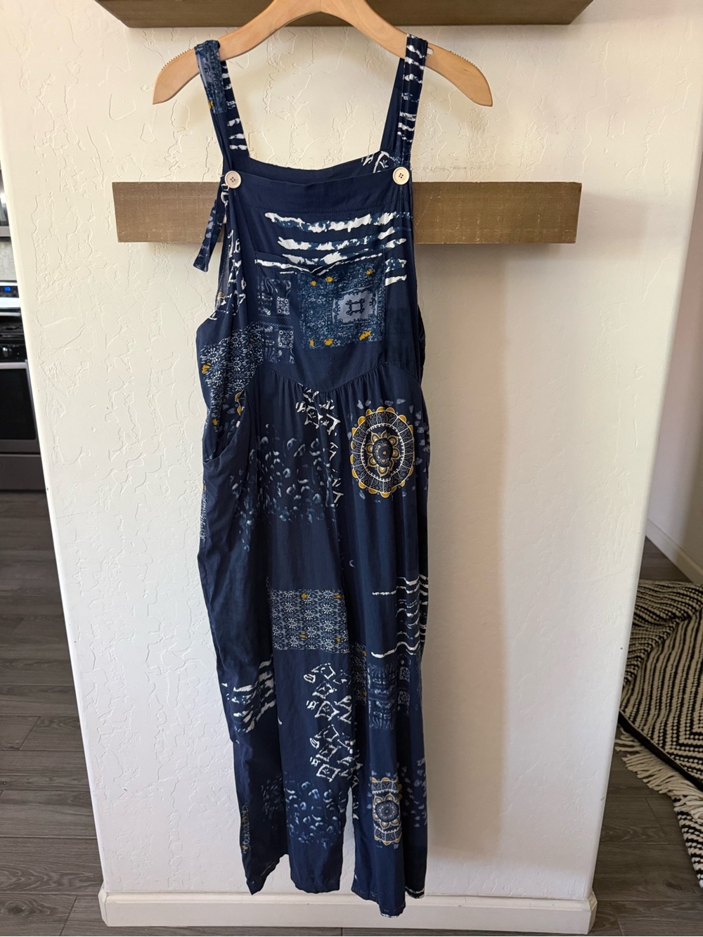 Small shop|Navy Boho Patchwork print Wide-Leg sleeveless Jumpsuit,overall style• - Picture 3 of 13